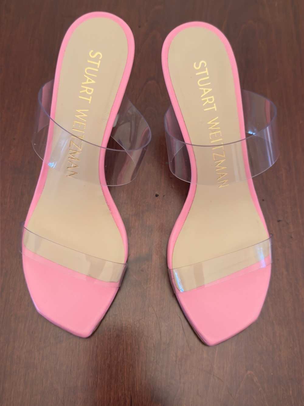Stuart Weitzman Pink Clear-Strap Square-Toe Slide Heels